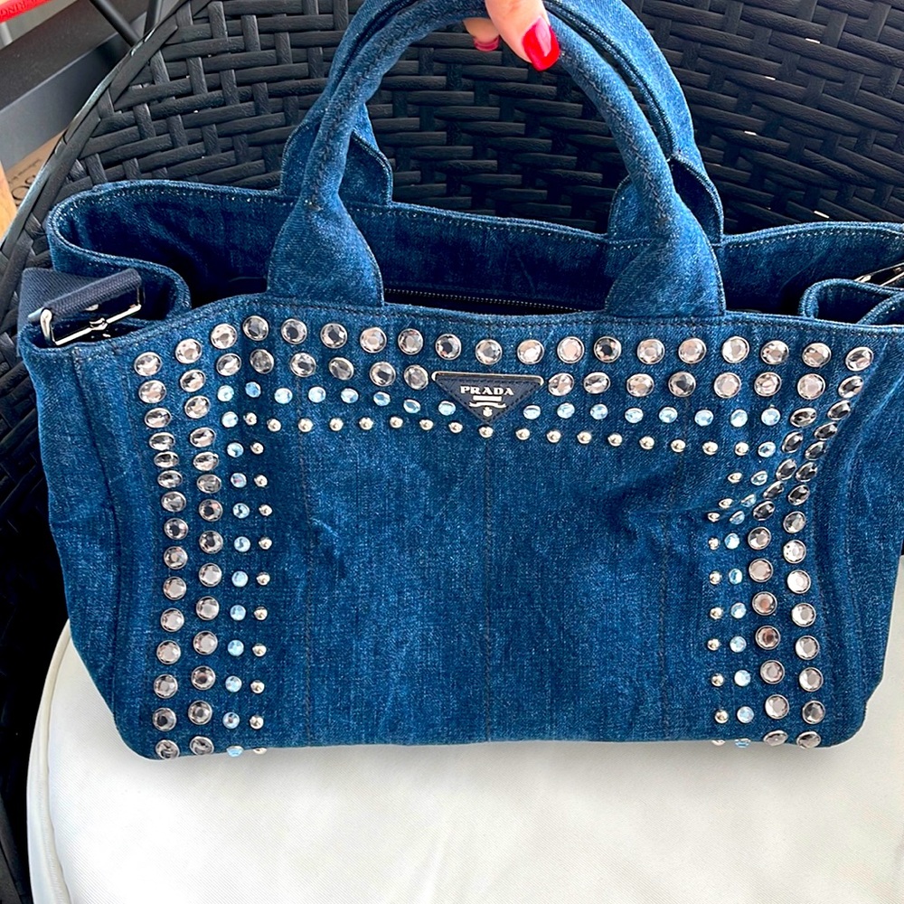 CANAPA CONVERTIBLE TOTE RHINESTONR EMBELLISHED DENIM LARGE BAG